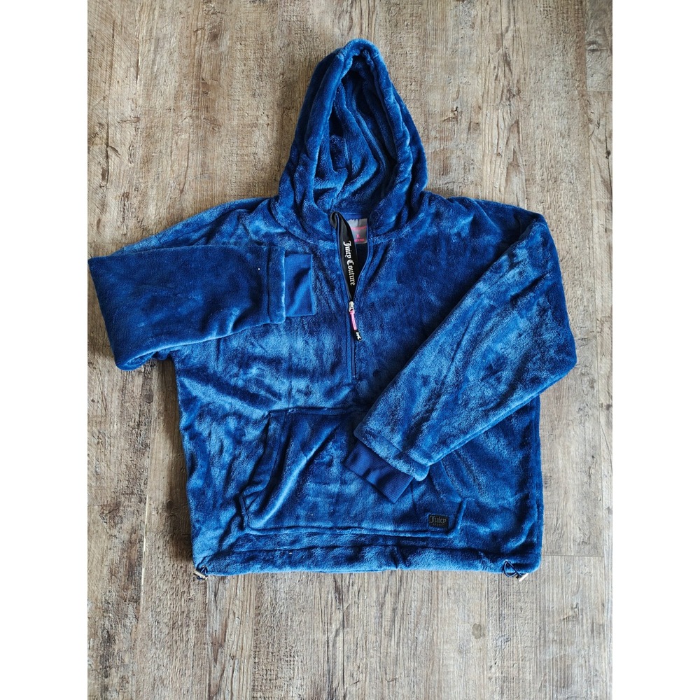 Juicy Couture Sport Blue Faux Fur Quarter Zip Hoodie XL Pullover Kangaroo Pocket